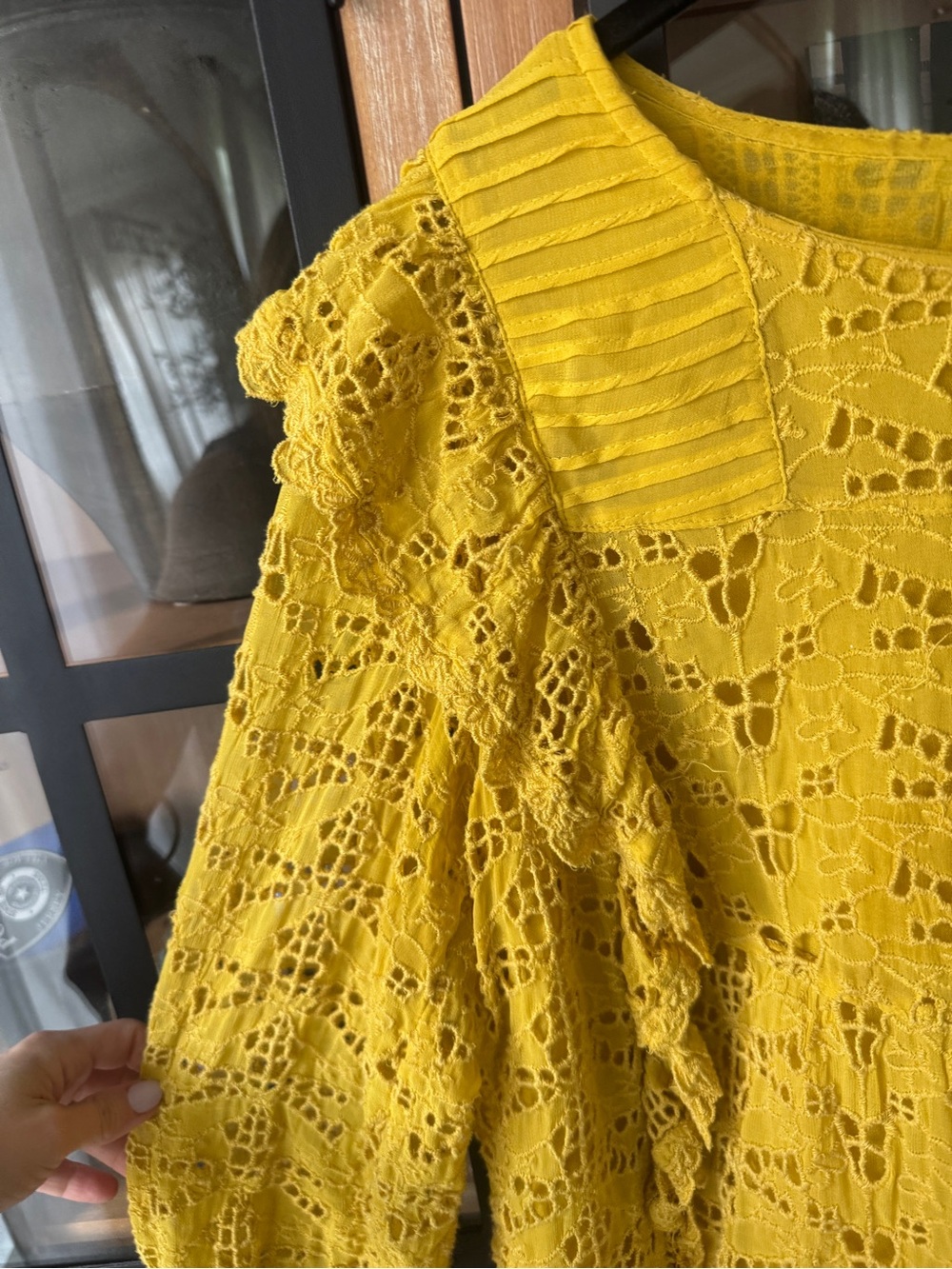 Anthropologie Clementine Blouse Eyelet Ruffle top Puffed long Sleeve marigold - Picture 5 of 11
